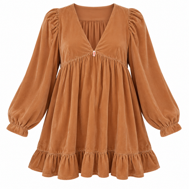 Mini Dress Velvet Babydoll Camel