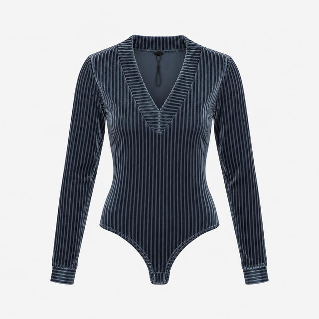 Bodysuit Blue Velvet Striped Long Sleeve V-Neck