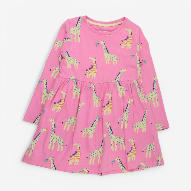 Dress Jersey Long Sleeve Pink with Giraffes