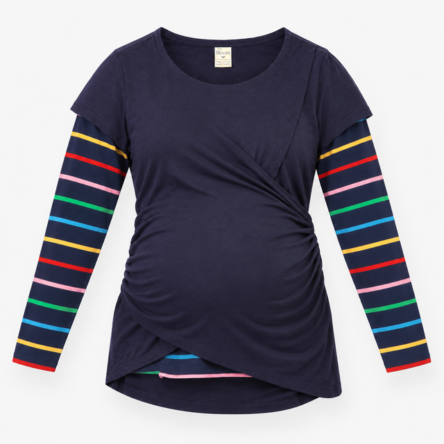 Maternity & Nursing top in navy with striped sleev