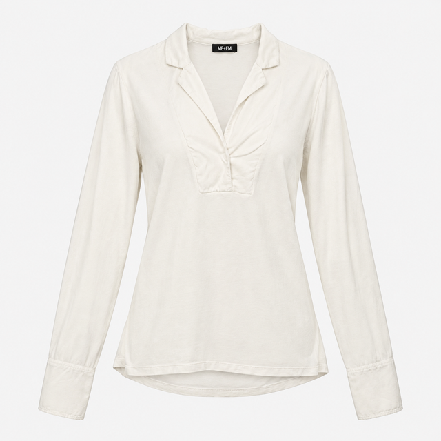 Ruched Shirt in White Viscose with Open Collar and