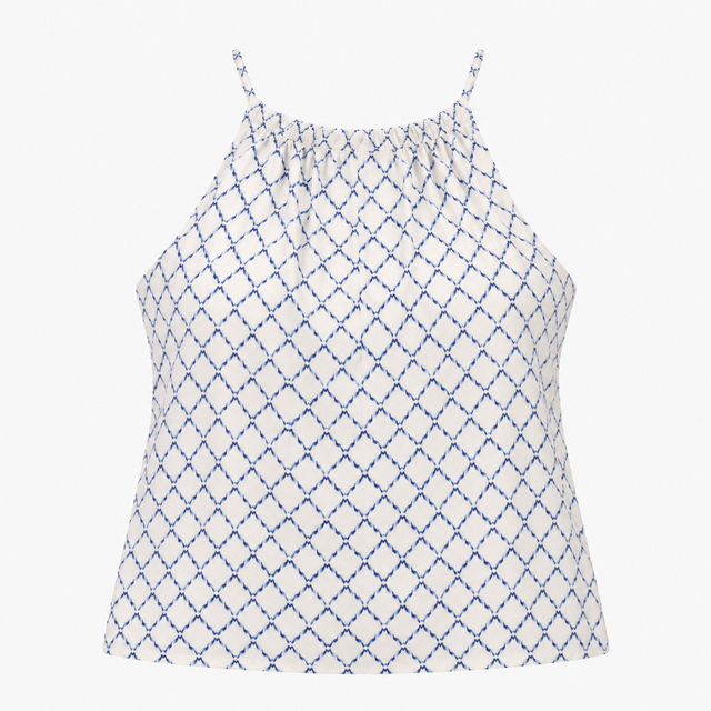 Blue Geometric Print Cami Top with Tie Neckline