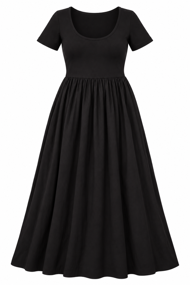 Dress Black Short Sleeve Scoop Neck Midi