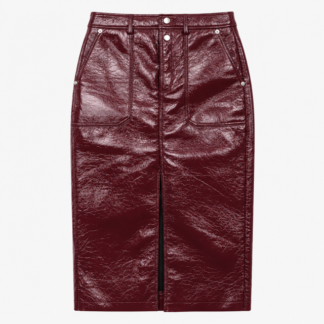 Faux Patent Leather Front Slit Midi Skirt Burgundy