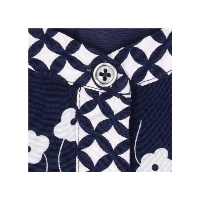 Navy White Floral Print Geometric Trim Long