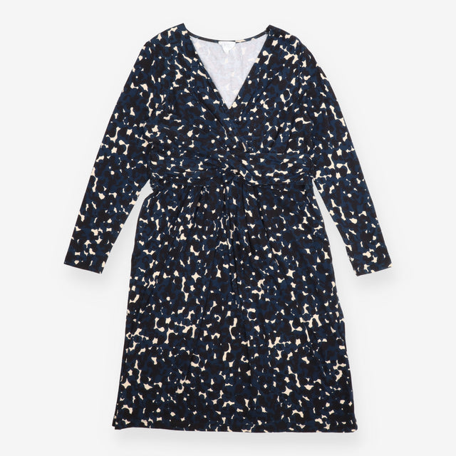 Midi Dress Black Cream Abstract Print Wrap V Neck