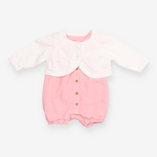 Pink Romper with White Cardigan