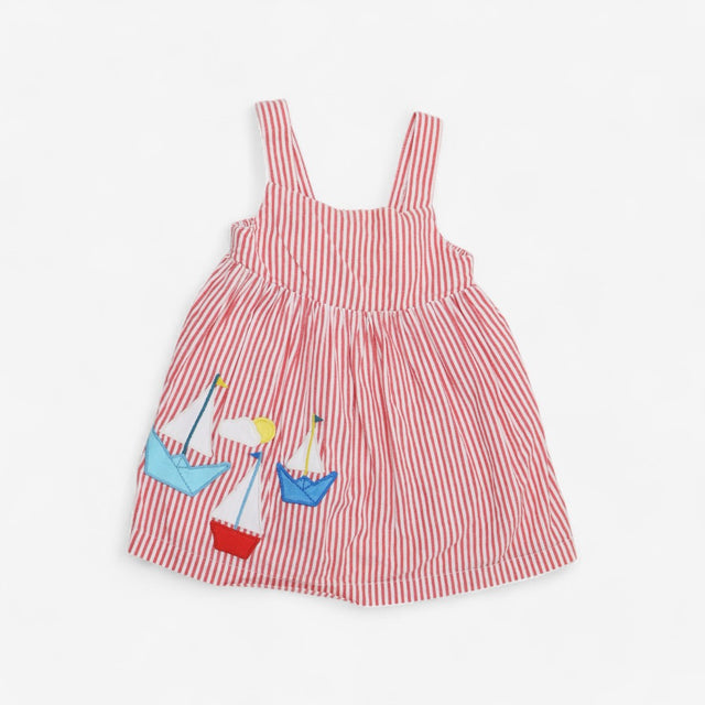 Red & white striped pinafore dress with applique s