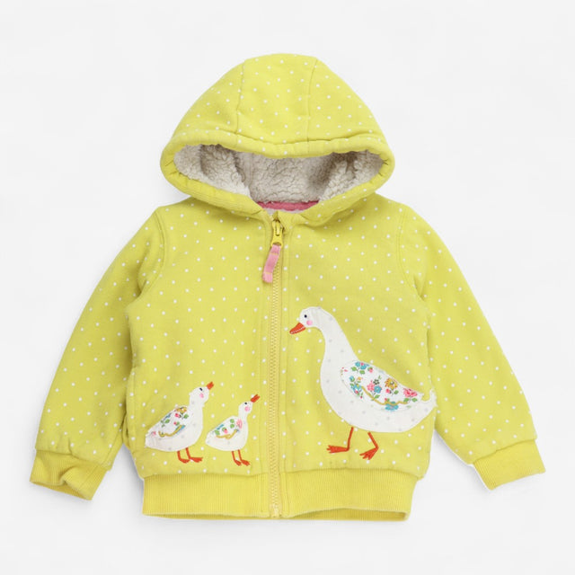 Hoodie zip up fleece lined yellow with white ducks