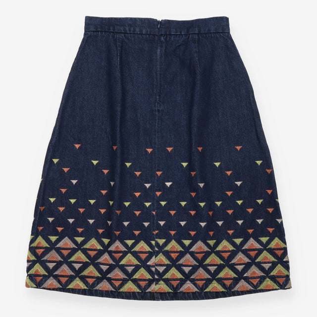 Midi Skirt Indigo Embroidered Geometric Cotton