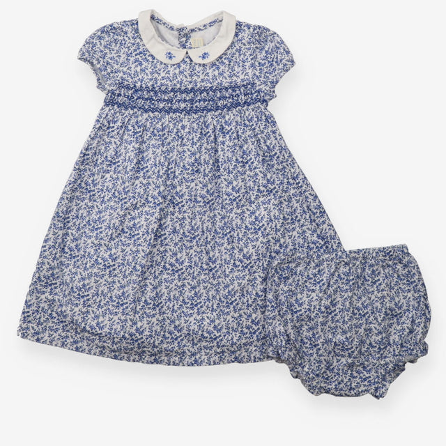 Dress SS and pants blue ditsy smocked white collar