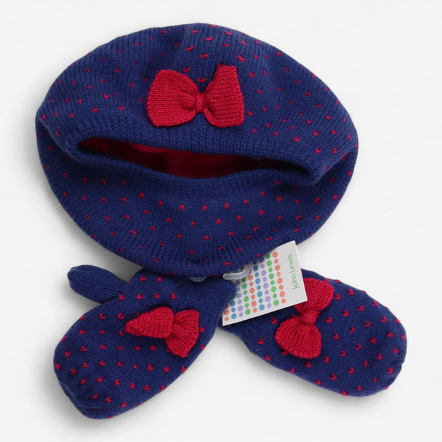 Knit beret and mittens navy blue with red bows