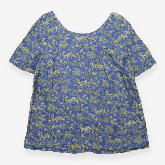 Top Blue Yellow Tiger Palm Print 100% Linen Short