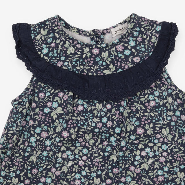 Navy Floral Dress with Frill Detail