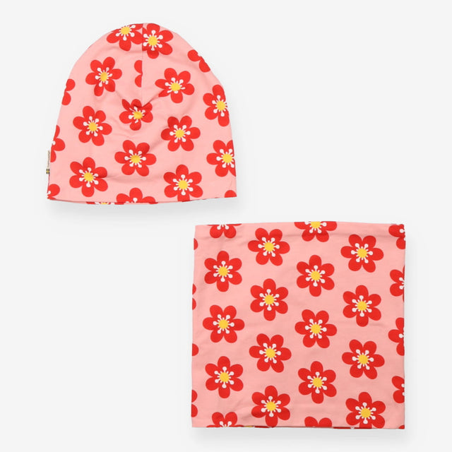 Snood and hat set pink with red flowers