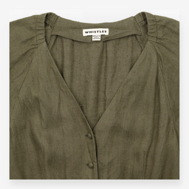 Jumpsuit in Linen V-Neck Belted Button Down Olive
