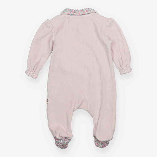 Pink Velour Sleepsuit with Floral Bow