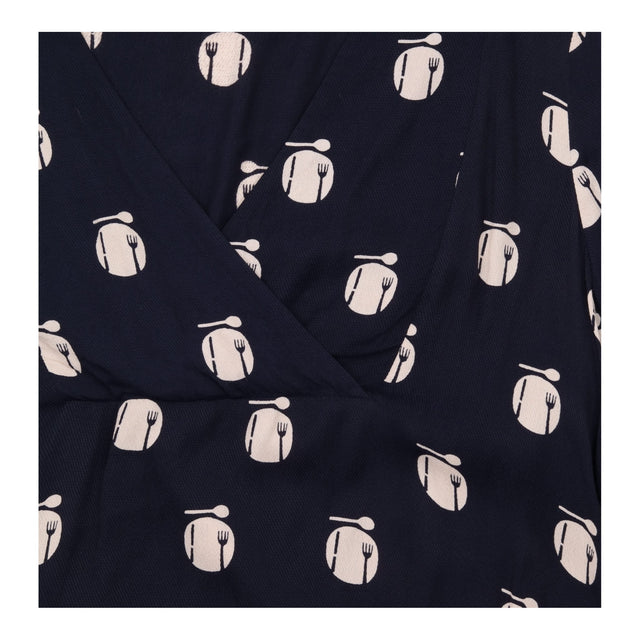 Blouse Navy Cream Novelty Print Wrap V Neck Long S
