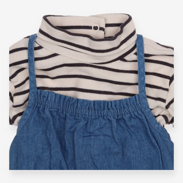 Strappy Dungarees with Striped Long Sleeve