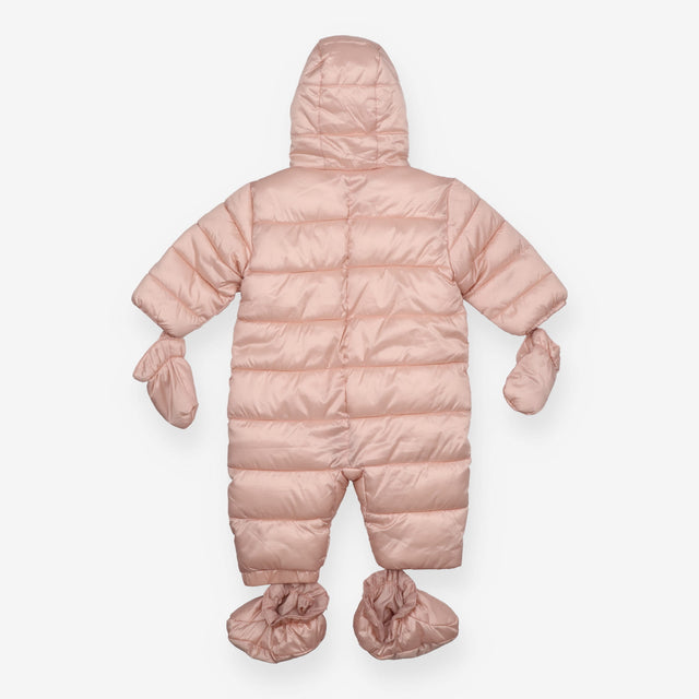 Pink fleece lined pramsuit with detachable gloves