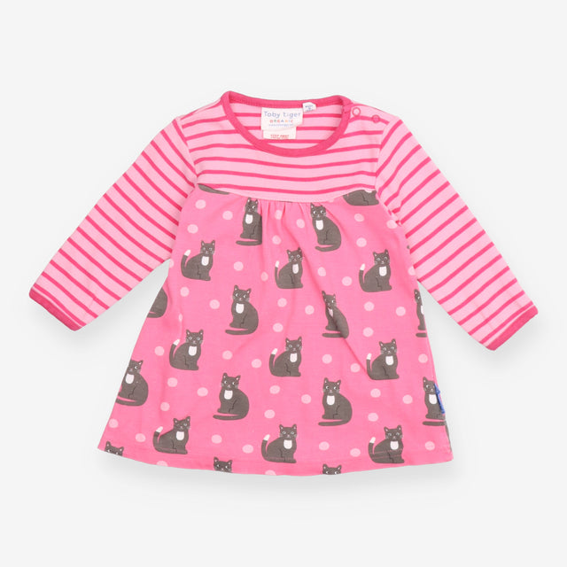 Dress Long Sleeve Pink Stripe Cat