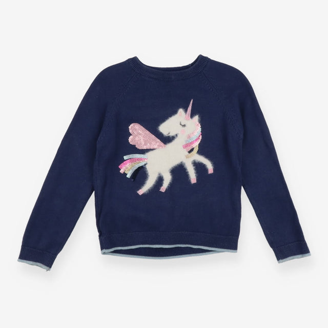 Navy knit with fluffy unicorn applique sweater