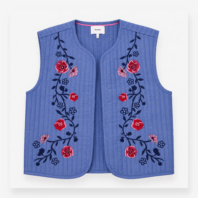 Vest Blue Floral Embroidered Quilted