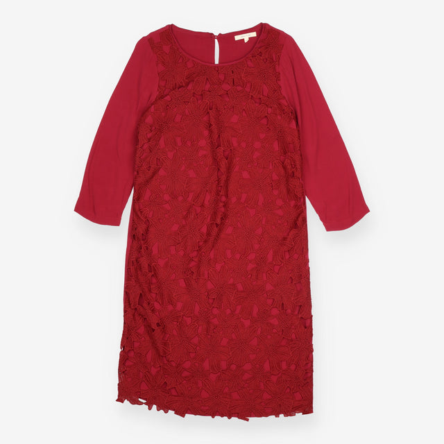 Shift Dress Rich Red Floral Lace Long Sleeve Knee