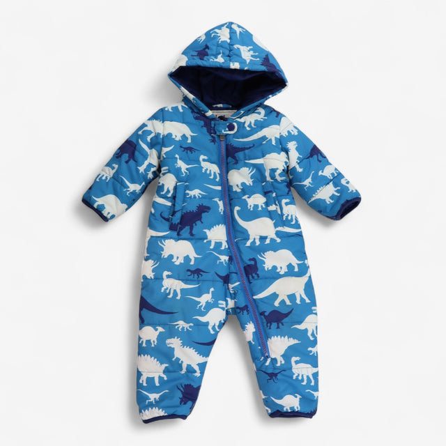 Pramsuit Blue White and navy Dinosaur Print