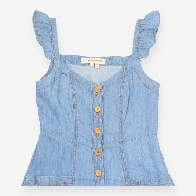 Denim Midi Dress with Tie Straps and Button Front