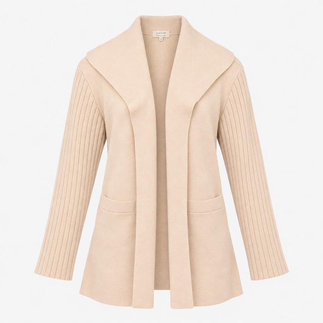 Cardigan Beige Open Front Shawl Collar Ribbed Slee