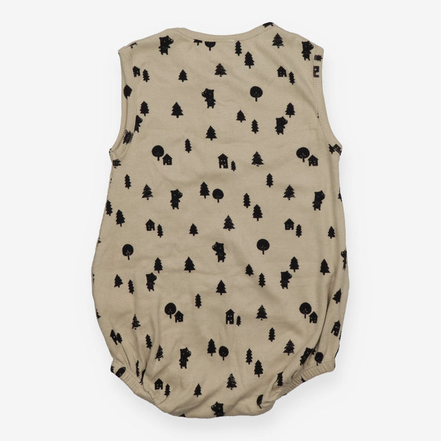 Bubble Romper Ribbed with Trees and Bears Tan Beig