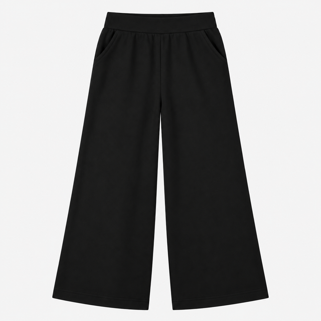 Wide Leg Trousers Black Elasticated Waist Full Len