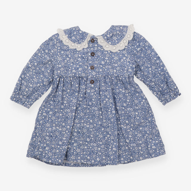 Dress blue smocked collared white flowers