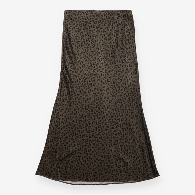 Khaki Leopard Print Long Skirt with Side Split