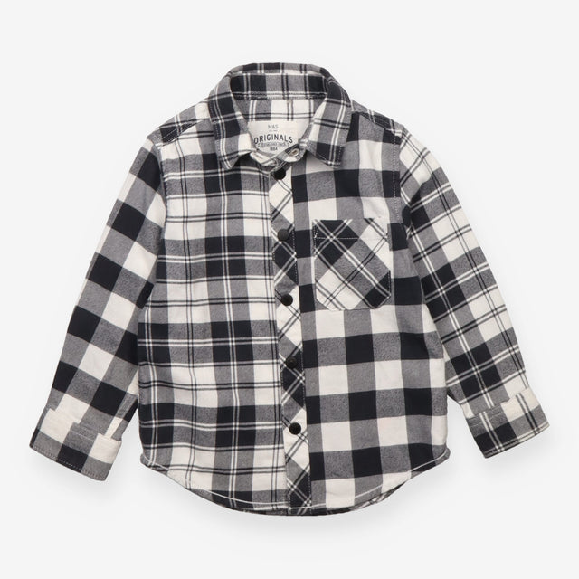 Shirt grey white check poppers flannel