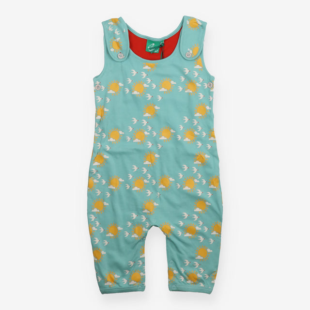 Dungarees green sun birds red lining