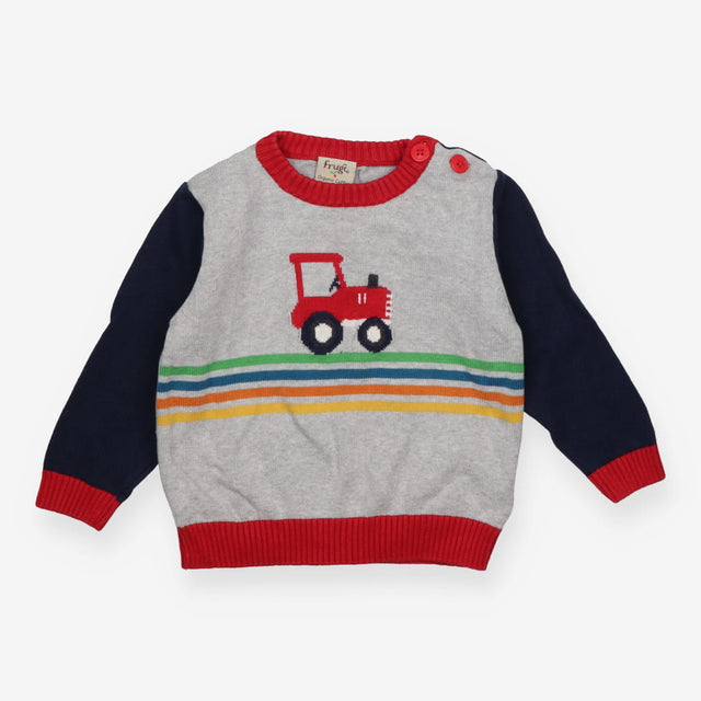 Sweater knit grey red tractor blue sleeves