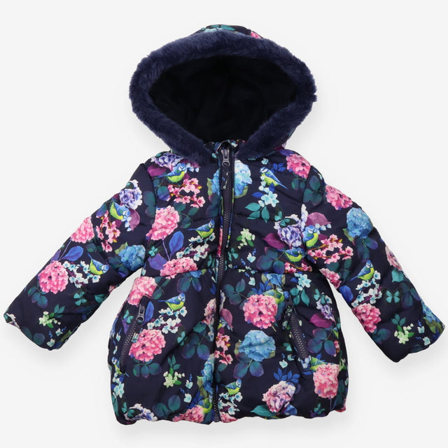 Puffer coat navy blue flowers birds fur collar