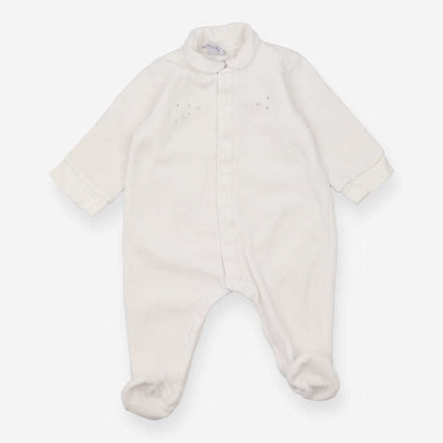 White velour footed romper moons and stars
