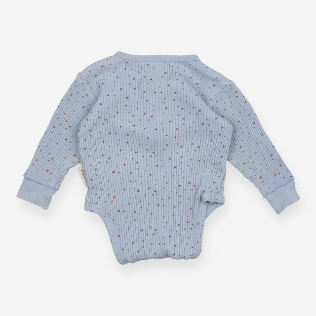 Bodysuit LS blue rib red stars wood buttons