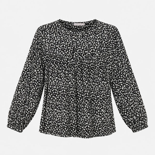 Top Black White Floral Print Long Sleeve Button Fr
