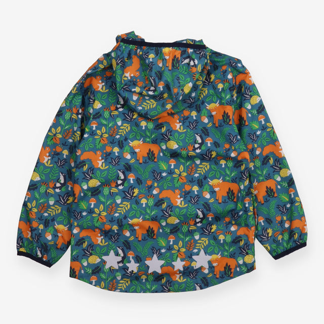 Teal woodland animal waterproof jacket