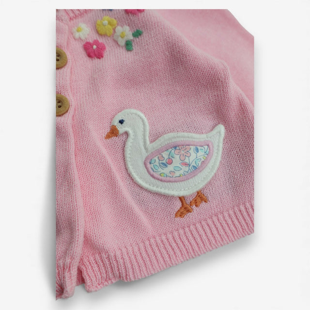 Cardigan pink wood buttons flowers geese bottom