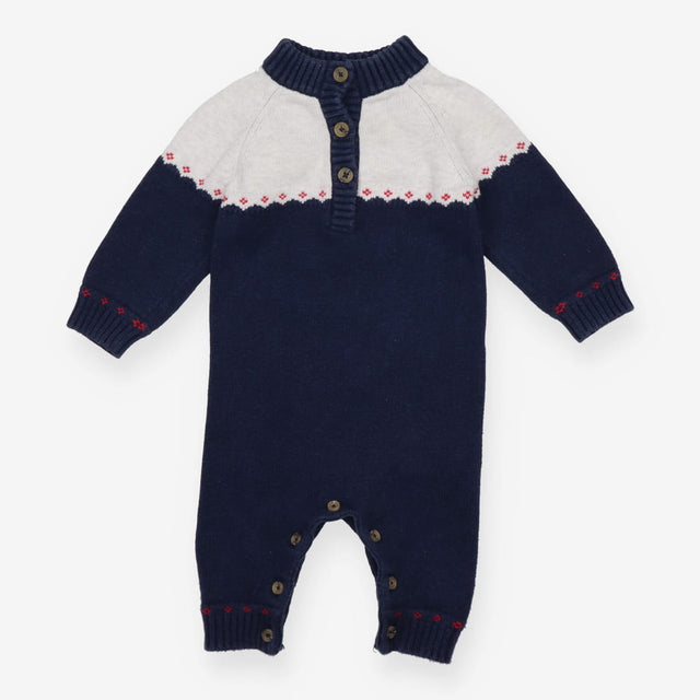 Knit Romper Navy, White and Red with Buttons