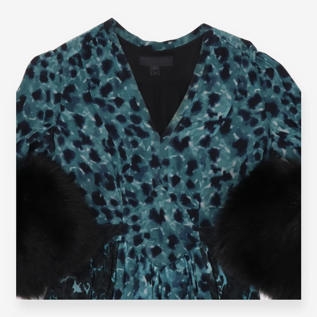 Prorsum Teal Printed Fur Trimmed Dress