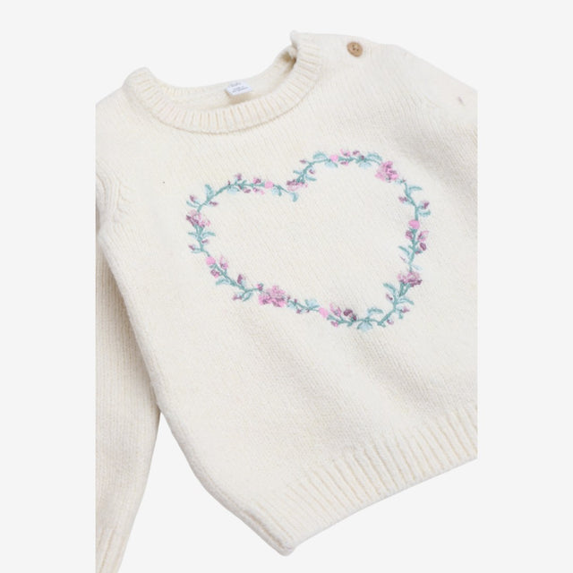 Sweater Knit Cream with Flower Heart Applique