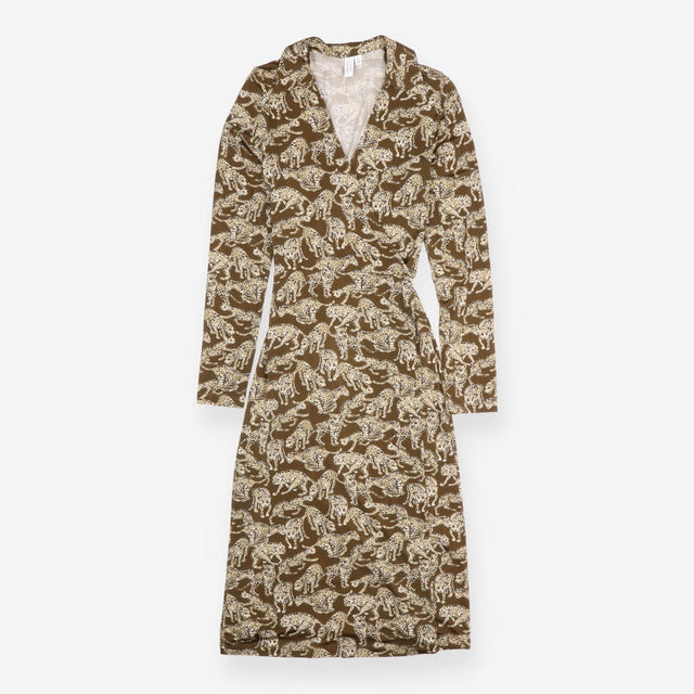Wrap Dress Khaki Leopard Print Ruffle Long Sleeve