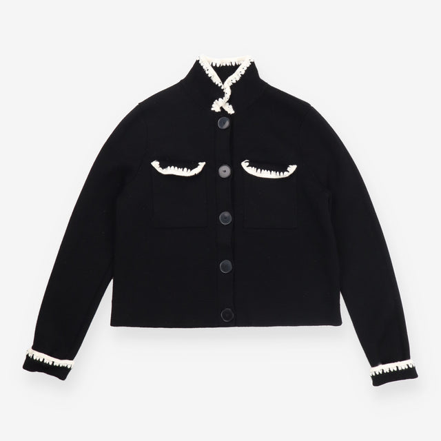Cardigan Jacket Black Merino Wool Crochet Trim