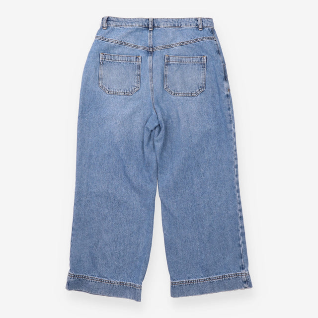 Cropped Jeans Blue Denim Scalloped Pocket Wide Leg